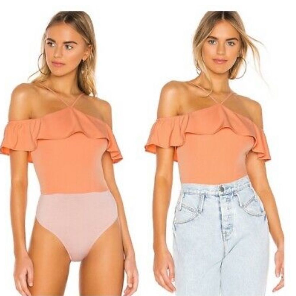 SUPERDOWN Callie Ruffle Bodysuit in Peach.Size S